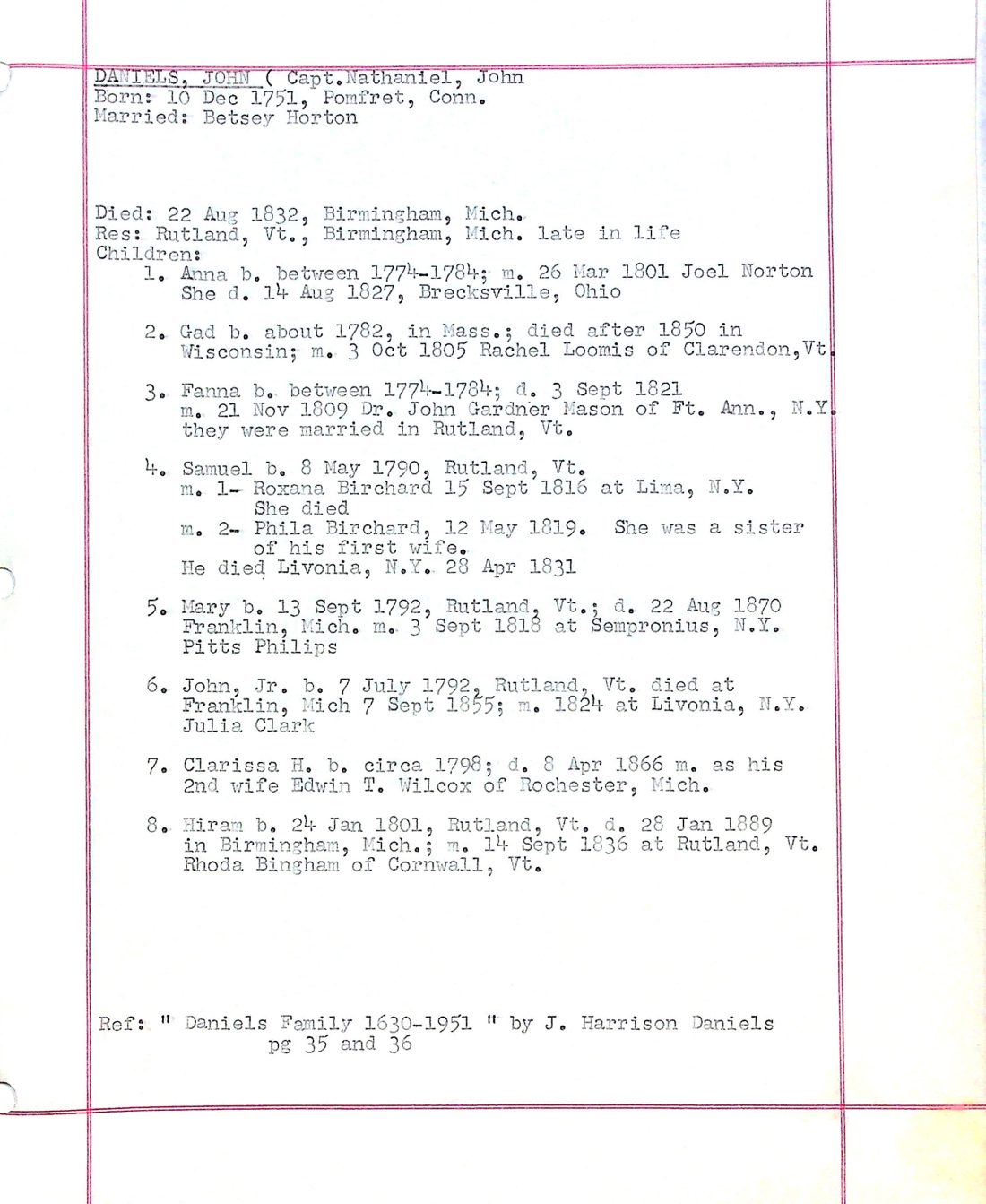 DANIELS, John (b. 1753 Conn. d. 1830 Rutland) pension application 1818